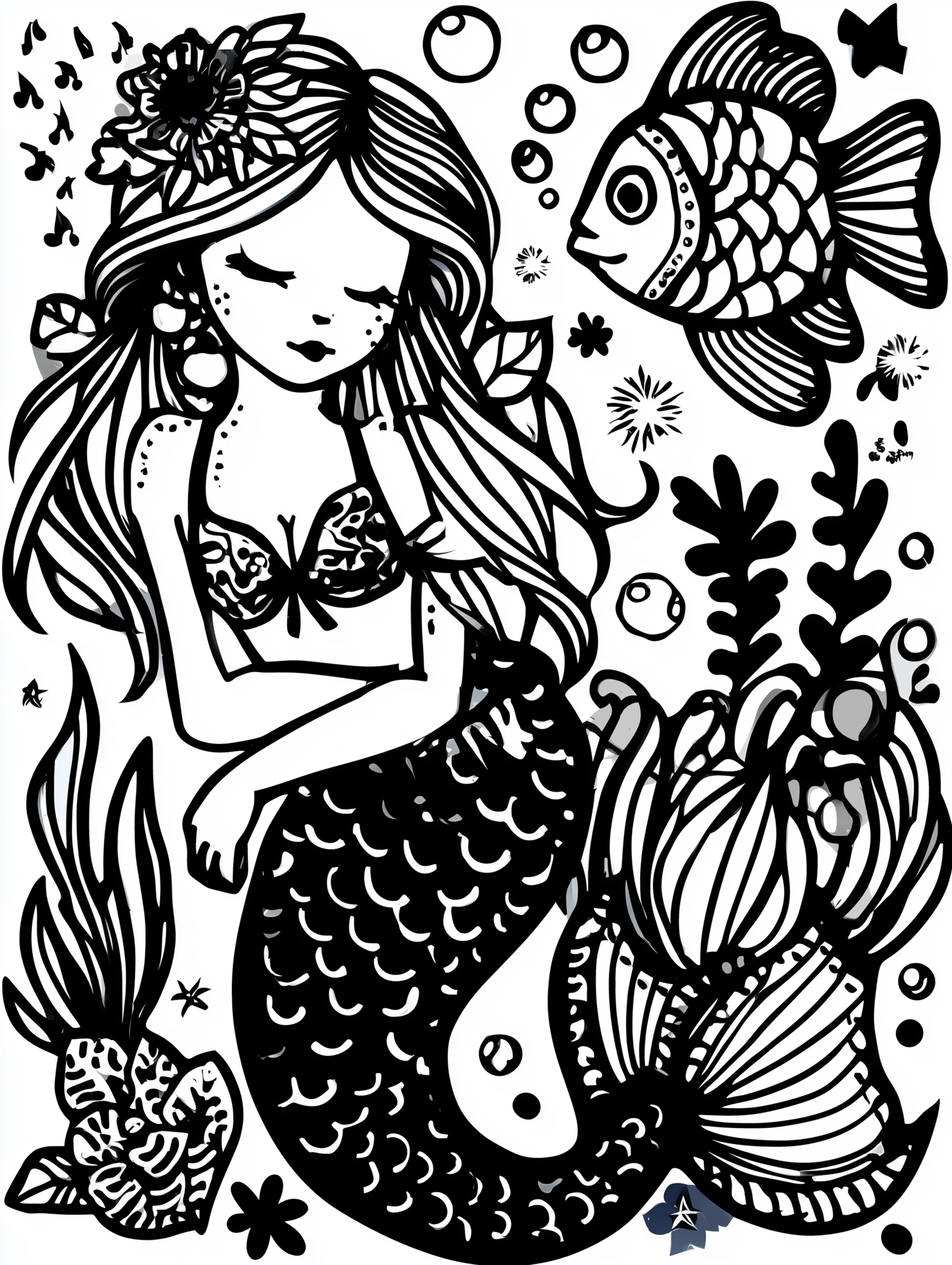 Free printable underwater coloring page for adults featuring a mermaid with a fish